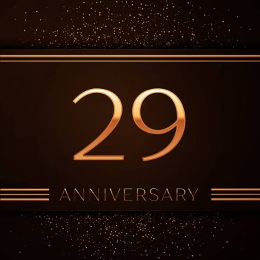 Gerçekçi yirmi dokuz yıl yıldönümü kutlama logo. Golden numaraları ve kahverengi zemin üzerine altın konfeti. Doğum günü partin için renkli vektör şablon öğeleri