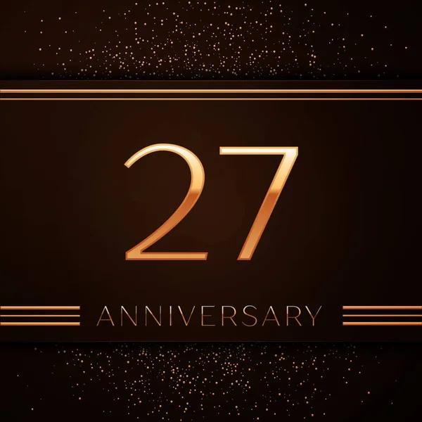 Realistic Twenty seven Years Anniversary Celebration Logotype. Golden numbers and golden confetti on brown background. Colorful Vector template elements for your birthday party — Stock Vector