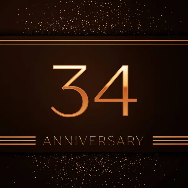 Realistiska trettio fyra år Anniversary Celebration Logotype. Gyllene nummer och gyllene konfetti på brun bakgrund. Färgglada Vector mall-element för din födelsedagsfest — Stock vektor