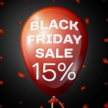 Gerçekçi parlak kırmızı balon metni siyah Cuma satış on beş yüzde siyah arka plan üzerinden indirim için ile. İş şablonunuz için siyah Cuma balon kavramı. Vektör çizim