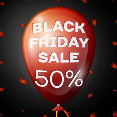 Gerçekçi parlak kırmızı balon metni siyah Cuma satış elli yüzde siyah arka plan üzerinden indirim için ile. İş şablonunuz için siyah Cuma balon kavramı. Vektör çizim