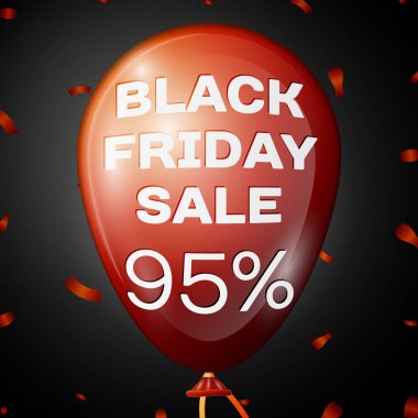 Gerçekçi parlak kırmızı balon metni siyah Cuma satış doksan beş yüzde siyah arka plan üzerinden indirim için ile. İş şablonunuz için siyah Cuma balon kavramı. Vektör çizim
