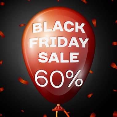 Gerçekçi parlak kırmızı balon metni siyah Cuma satış altmış yüzde siyah arka plan üzerinden indirim için ile. İş şablonunuz için siyah Cuma balon kavramı. Vektör çizim