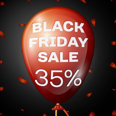 Gerçekçi parlak kırmızı balon metni siyah arka plan üzerinden indirim için siyah Cuma satış otuz beş yüzde ile. İş şablonunuz için siyah Cuma balon kavramı. Vektör çizim