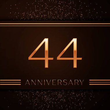 Gerçekçi kırk dört yıl yıldönümü kutlama logo. Golden numaraları ve kahverengi zemin üzerine altın konfeti. Doğum günü partin için renkli vektör şablon öğeleri