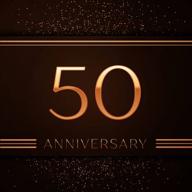 Gerçekçi elli yıl yıldönümü kutlama logo. Golden numaraları ve kahverengi zemin üzerine altın konfeti. Doğum günü partin için renkli vektör şablon öğeleri