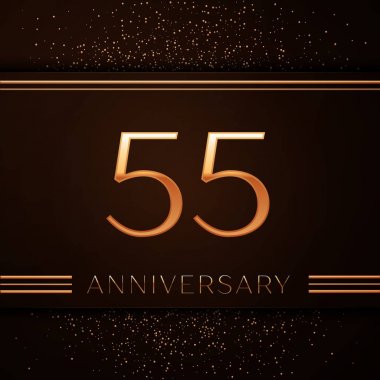 Gerçekçi elli beş yıl yıldönümü kutlama logo. Golden numaraları ve kahverengi zemin üzerine altın konfeti. Doğum günü partin için renkli vektör şablon öğeleri