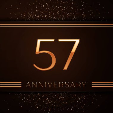 Gerçekçi elli yedi yıl yıldönümü kutlama logo. Golden numaraları ve kahverengi zemin üzerine altın konfeti. Doğum günü partin için renkli vektör şablon öğeleri