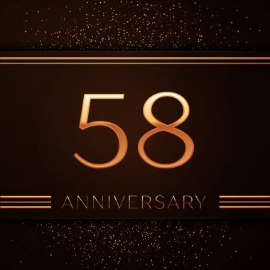 Gerçekçi elli sekiz yıl yıldönümü kutlama logo. Golden numaraları ve kahverengi zemin üzerine altın konfeti. Doğum günü partin için renkli vektör şablon öğeleri