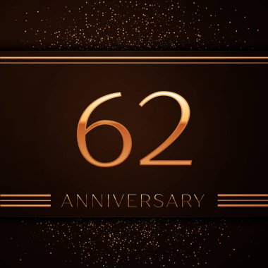 Gerçekçi altmış iki yıl yıldönümü kutlama logo. Golden numaraları ve kahverengi zemin üzerine altın konfeti. Doğum günü partin için renkli vektör şablon öğeleri