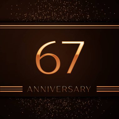 Gerçekçi altmış yedi yıl yıldönümü kutlama logo. Golden numaraları ve kahverengi zemin üzerine altın konfeti. Doğum günü partin için renkli vektör şablon öğeleri