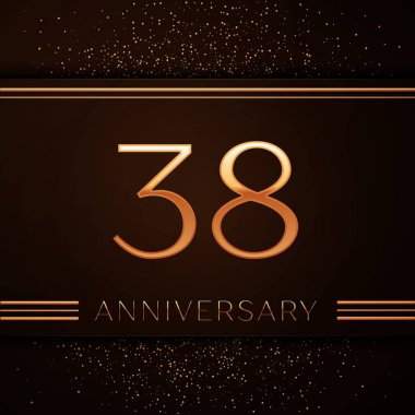 Gerçekçi otuz sekiz yıl yıldönümü kutlama logo. Golden numaraları ve kahverengi zemin üzerine altın konfeti. Doğum günü partin için renkli vektör şablon öğeleri