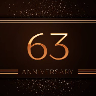 Gerçekçi altmış üç yıl yıldönümü kutlama logo. Golden numaraları ve kahverengi zemin üzerine altın konfeti. Doğum günü partin için renkli vektör şablon öğeleri