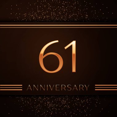 Gerçekçi altmış bir yıl yıldönümü kutlama logo. Golden numaraları ve kahverengi zemin üzerine altın konfeti. Doğum günü partin için renkli vektör şablon öğeleri