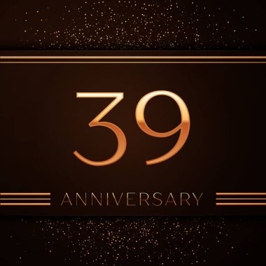 Gerçekçi otuz dokuz yıl yıldönümü kutlama logo. Golden numaraları ve kahverengi zemin üzerine altın konfeti. Doğum günü partin için renkli vektör şablon öğeleri