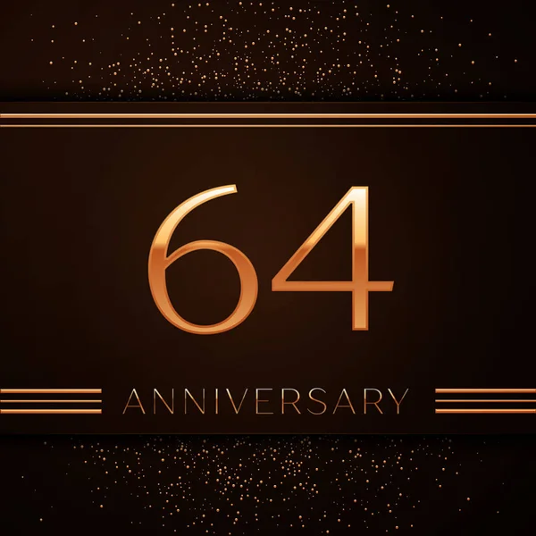 Gerçekçi altmış dört yıl yıldönümü kutlama logo. Golden numaraları ve kahverengi zemin üzerine altın konfeti. Doğum günü partin için renkli vektör şablon öğeleri