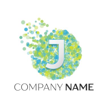 Gerçekçi harf J logosu ile mavi, sarı, yeşil parçacıklar ve kabarcık noktalar beyaz arka plan üzerinde bir dairede. Tasarımınız için vektör şablonu