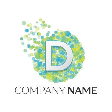 Gerçekçi mektup D logo ile mavi, sarı, yeşil parçacıklar ve kabarcık noktalar beyaz arka plan üzerinde bir dairede. Tasarımınız için vektör şablonu