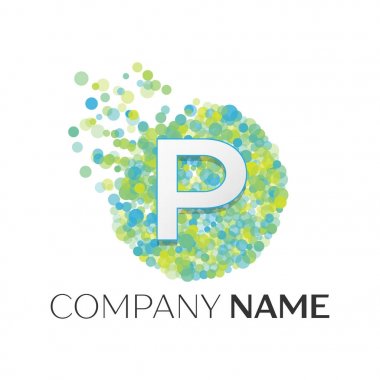 Gerçekçi mektup P logo ile mavi, sarı, yeşil parçacıklar ve kabarcık noktalar beyaz arka plan üzerinde bir dairede. Tasarımınız için vektör şablonu