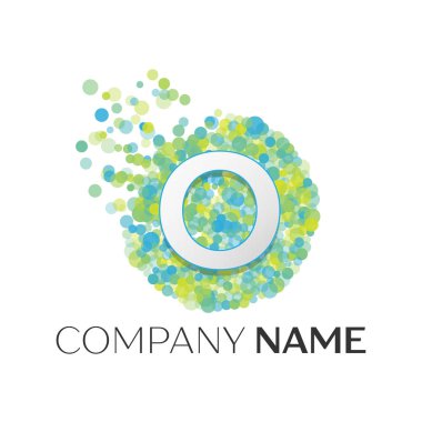Gerçekçi harf O logo ile mavi, sarı, yeşil parçacıklar ve kabarcık noktalar beyaz arka plan üzerinde bir dairede. Tasarımınız için vektör şablonu