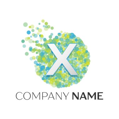Gerçekçi mektup X logosu ile mavi, sarı, yeşil parçacıklar ve kabarcık noktalar beyaz arka plan üzerinde bir dairede. Tasarımınız için vektör şablonu