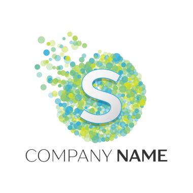 Gerçekçi S harfi logosu ile mavi, sarı, yeşil parçacıklar ve kabarcık noktalar beyaz arka plan üzerinde bir dairede. Tasarımınız için vektör şablonu