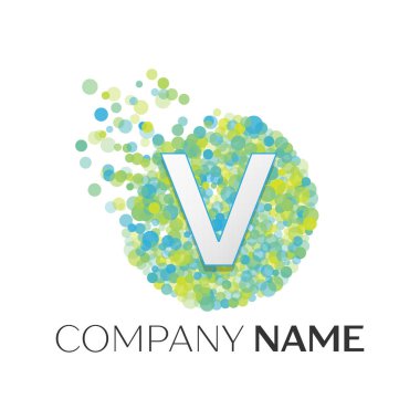 Gerçekçi harf V logosu ile mavi, sarı, yeşil parçacıklar ve kabarcık noktalar beyaz arka plan üzerinde bir dairede. Tasarımınız için vektör şablonu