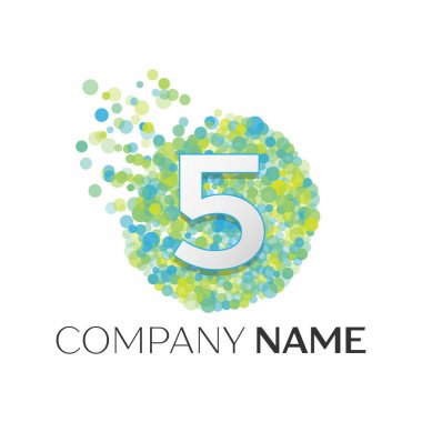 Gerçekçi beş logosu mavi, yeşil, sarı parçacıkları ile numara ve beyaz arka plan üzerinde daire içinde nokta kabarcık. Tasarımınız için vektör şablonu