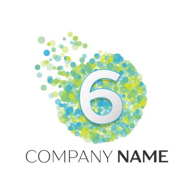 Gerçekçi altı logosu mavi, yeşil, sarı parçacıkları ile numara ve beyaz arka plan üzerinde daire içinde nokta kabarcık. Tasarımınız için vektör şablonu
