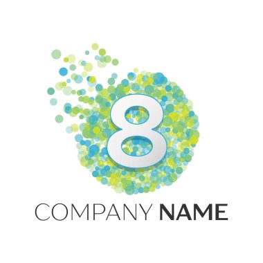 Gerçekçi sekiz logosu mavi, yeşil, sarı parçacıkları ile numara ve beyaz arka plan üzerinde daire içinde nokta kabarcık. Tasarımınız için vektör şablonu
