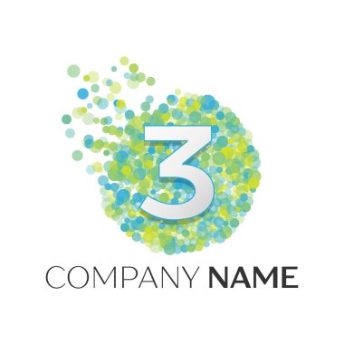 Gerçekçi üç logosu mavi, yeşil, sarı parçacıkları ile numara ve beyaz arka plan üzerinde daire içinde nokta kabarcık. Tasarımınız için vektör şablonu