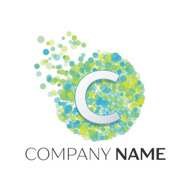 Gerçekçi harfi C logo ile mavi, sarı, yeşil parçacıklar ve kabarcık noktalar beyaz arka plan üzerinde bir dairede. Tasarımınız için vektör şablonu