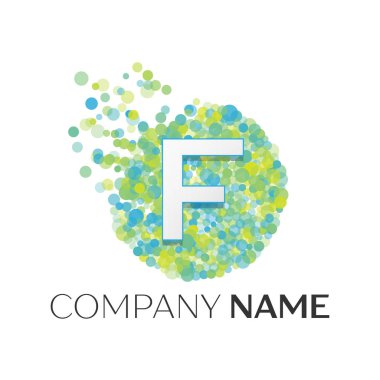 Gerçekçi harfi F logosu ile mavi, sarı, yeşil parçacıklar ve kabarcık noktalar beyaz arka plan üzerinde bir dairede. Tasarımınız için vektör şablonu