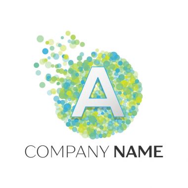 Gerçekçi bir logo mavi, sarı, yeşil parçacıkları ile mektup ve beyaz arka plan üzerinde daire içinde nokta kabarcık. Tasarımınız için vektör şablonu