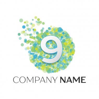 Gerçekçi dokuz logosu mavi, yeşil, sarı parçacıkları ile numara ve beyaz arka plan üzerinde daire içinde nokta kabarcık. Tasarımınız için vektör şablonu