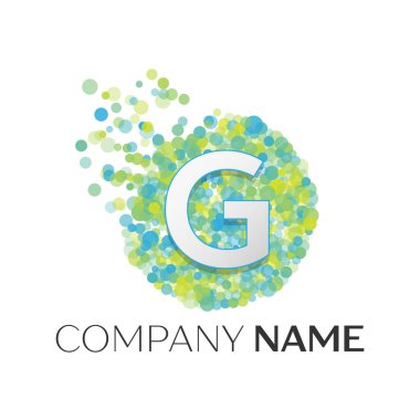 Gerçekçi mektup G logosu ile mavi, sarı, yeşil parçacıklar ve kabarcık noktalar beyaz arka plan üzerinde bir dairede. Tasarımınız için vektör şablonu