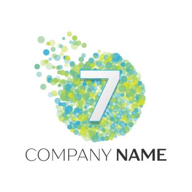 Gerçekçi yedi logosu mavi, yeşil, sarı parçacıkları ile numara ve beyaz arka plan üzerinde daire içinde nokta kabarcık. Tasarımınız için vektör şablonu