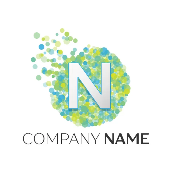 Realistic Letter N logo with blue, yellow, green particles and bubble dots in circle on white background. Vector template for your design — Stock Vector