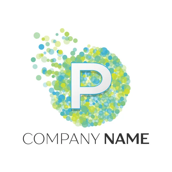 Realistic Letter P logo with blue, yellow, green particles and bubble dots in circle on white background. Vector template for your design — Stock Vector