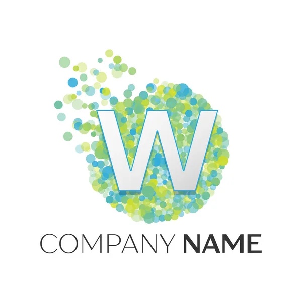Realistic Letter W logo with blue, yellow, green particles and bubble dots in circle on white background. Vector template for your design — Stock Vector