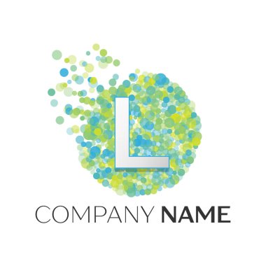 Gerçekçi L harfi logosu ile mavi, sarı, yeşil parçacıklar ve kabarcık noktalar beyaz arka plan üzerinde bir dairede. Tasarımınız için vektör şablonu