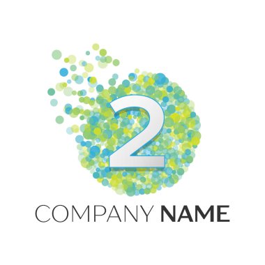 Gerçekçi mavi, yeşil, sarı parçacıkları ile iki logo numara ve beyaz arka plan üzerinde daire içinde nokta kabarcık. Tasarımınız için vektör şablonu