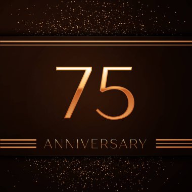 Gerçekçi yetmiş beş yıl yıldönümü kutlama logo. Golden numaraları ve kahverengi zemin üzerine altın konfeti. Doğum günü partin için renkli vektör şablon öğeleri