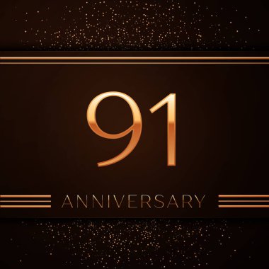 Gerçekçi doksan bir yıl yıldönümü kutlama logo. Golden numaraları ve kahverengi zemin üzerine altın konfeti. Doğum günü partin için renkli vektör şablon öğeleri