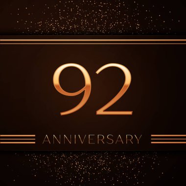 Gerçekçi doksan iki yıl yıldönümü kutlama logo. Golden numaraları ve kahverengi zemin üzerine altın konfeti. Doğum günü partin için renkli vektör şablon öğeleri