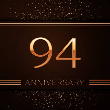Gerçekçi Doksan dört yıl yıldönümü kutlama logo. Golden numaraları ve kahverengi zemin üzerine altın konfeti. Doğum günü partin için renkli vektör şablon öğeleri