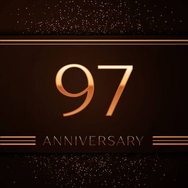 Gerçekçi doksan yedi yıl yıldönümü kutlama logo. Golden numaraları ve kahverengi zemin üzerine altın konfeti. Doğum günü partin için renkli vektör şablon öğeleri