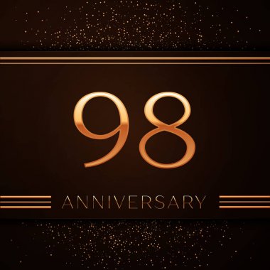 Gerçekçi doksan sekiz yıl yıldönümü kutlama logo. Golden numaraları ve kahverengi zemin üzerine altın konfeti. Doğum günü partin için renkli vektör şablon öğeleri