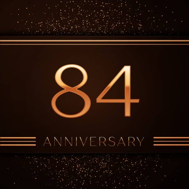 Gerçekçi seksen dört yıl yıldönümü kutlama logo. Golden numaraları ve kahverengi zemin üzerine altın konfeti. Doğum günü partin için renkli vektör şablon öğeleri