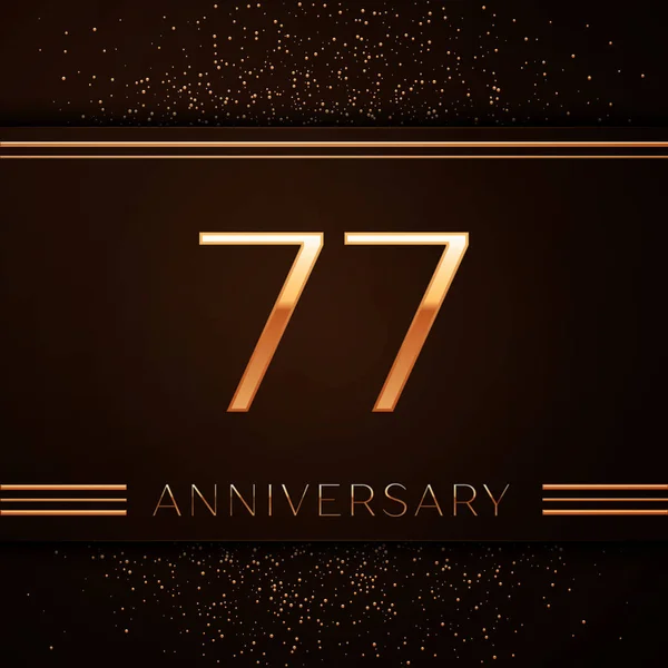 Realistic Seventy seven Years Anniversary Celebration Logotype. Golden numbers and golden confetti on brown background. Colorful Vector template elements for your birthday party — Stock Vector